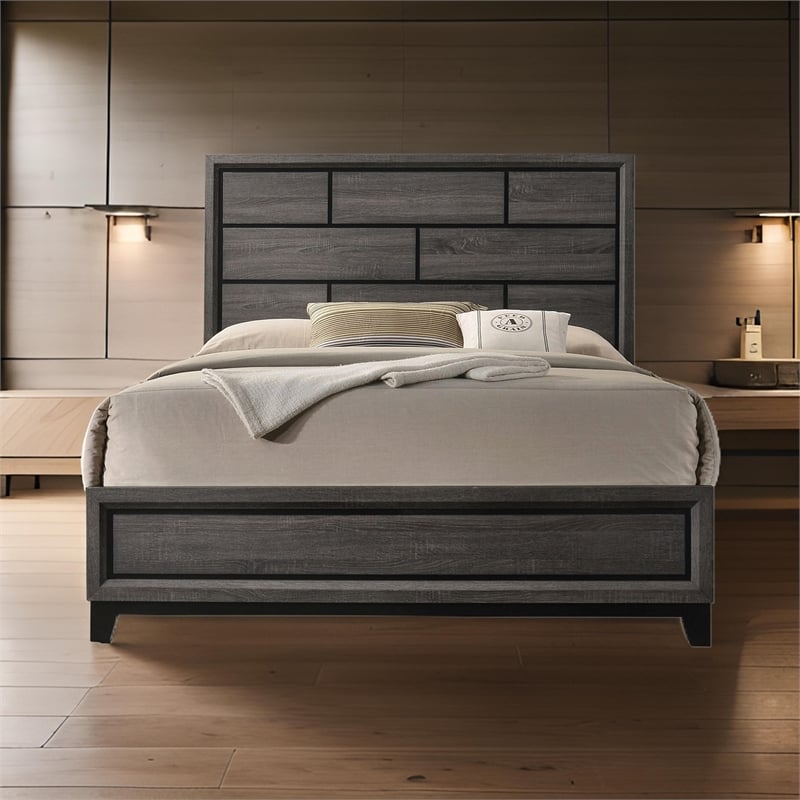 Pemberly Row Queen Bed with Brick Pattern Panel Headboard in Gray and Black