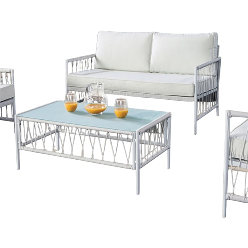 Pemberly Row 4 Piece Outdoor Patio Set with Wicker Sofa and Glass Table in White