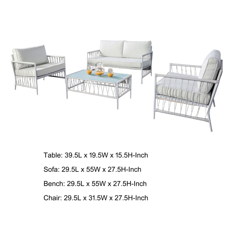 Pemberly Row 4 Piece Outdoor Patio Set with Wicker Sofa and Glass Table in White