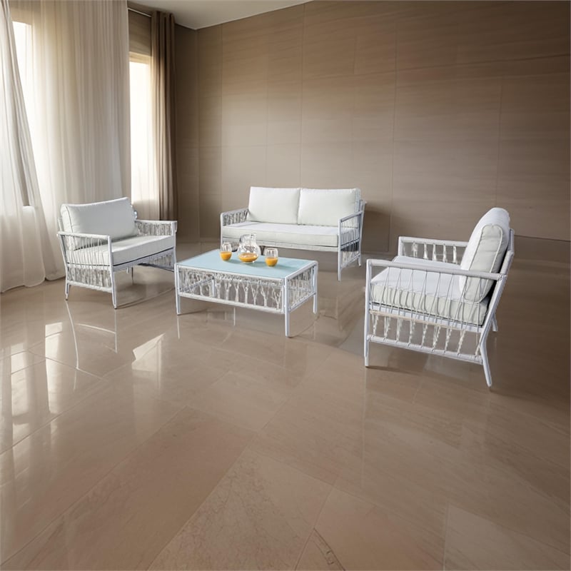 Pemberly Row 4 Piece Outdoor Patio Set with Wicker Sofa and Glass Table in White