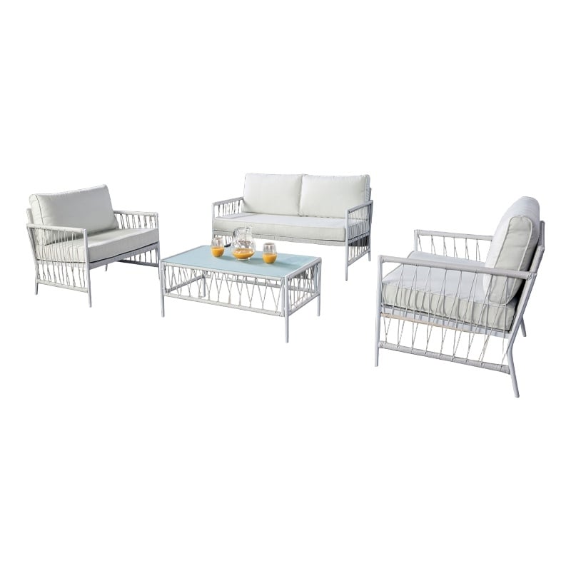 Pemberly Row 4 Piece Outdoor Patio Set with Wicker Sofa and Glass Table in White