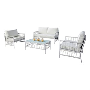 Pemberly Row 4 Piece Outdoor Patio Set with Wicker Sofa and Glass Table in White