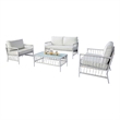 Pemberly Row 4 Piece Outdoor Patio Set with Wicker Sofa and Glass Table in White
