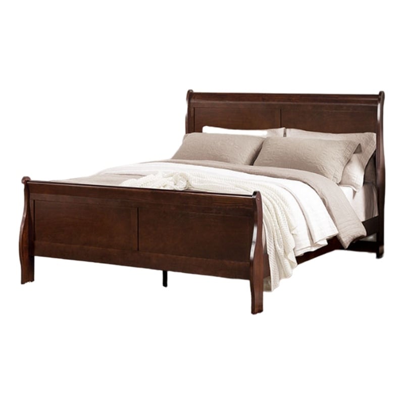Pemberly Row Twin Sleigh Bed with Panel Headboard & Bracket Feet in Cherry Brown