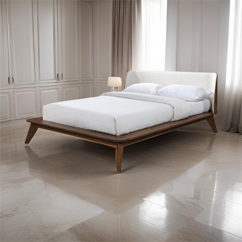 Pemberly Row Queen Platform Bed w/ Beige Boucle Winged Headboard in Walnut Brown