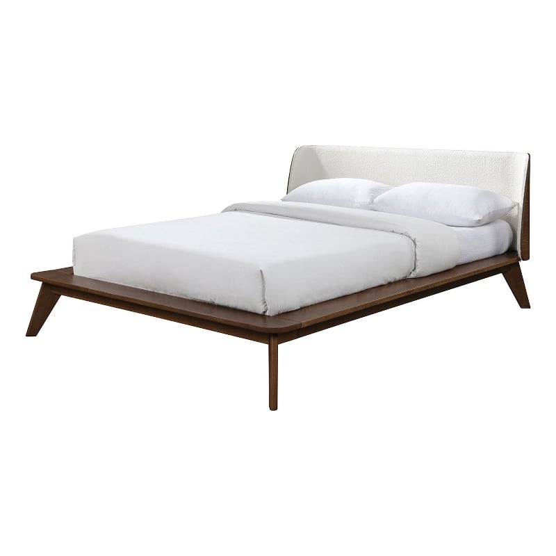 Pemberly Row Queen Platform Bed w/ Beige Boucle Winged Headboard in Walnut Brown