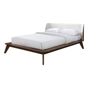 Pemberly Row Queen Platform Bed w/ Beige Boucle Winged Headboard in Walnut Brown