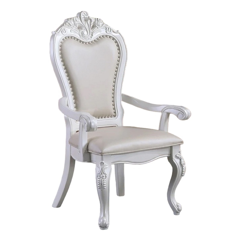 Pemberly Row Set of 2 Carved Dining Armchairs with Faux Leather in White
