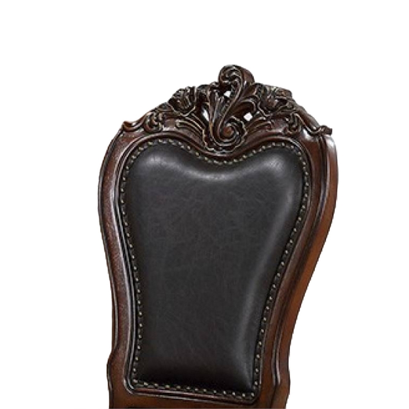 Pemberly Row Set of 2 Carved Side Dining Chairs w/ Faux Leather in Cherry Brown