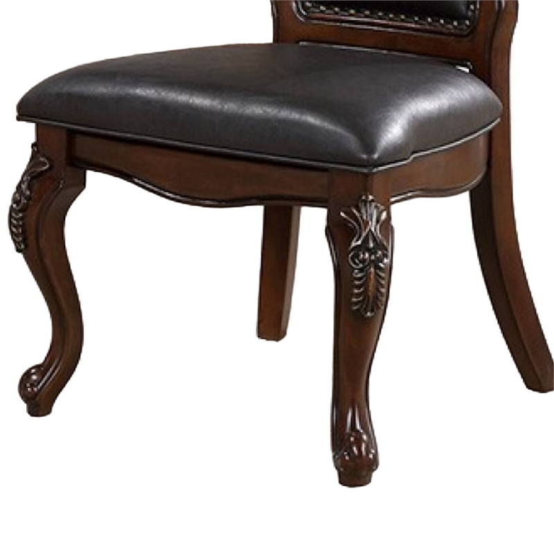 Pemberly Row Set of 2 Carved Side Dining Chairs w/ Faux Leather in Cherry Brown