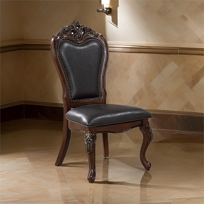 Pemberly Row Set of 2 Carved Side Dining Chairs w/ Faux Leather in Cherry Brown