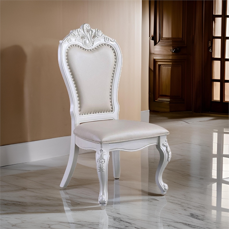 Pemberly Row Set of 2 Carved Side Dining Chairs with Faux Leather in White