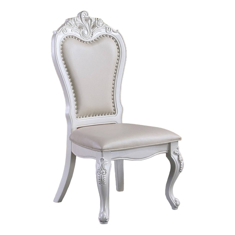 Pemberly Row Set of 2 Carved Side Dining Chairs with Faux Leather in White