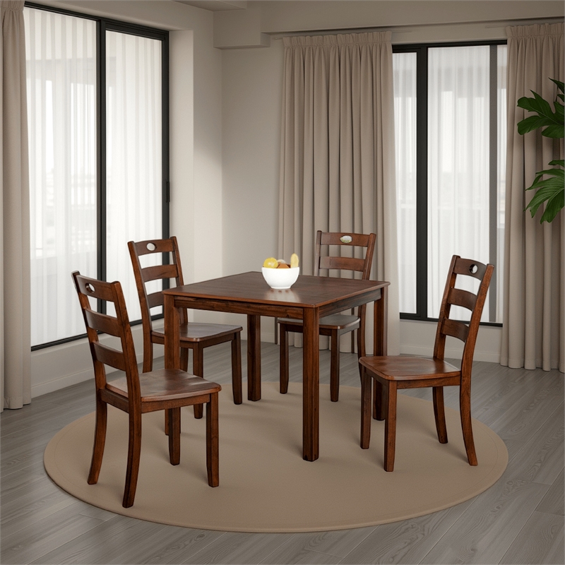 Pemberly Row 5 Piece Rubberwood Dining Set with Slat Back Chairs in Walnut Brown
