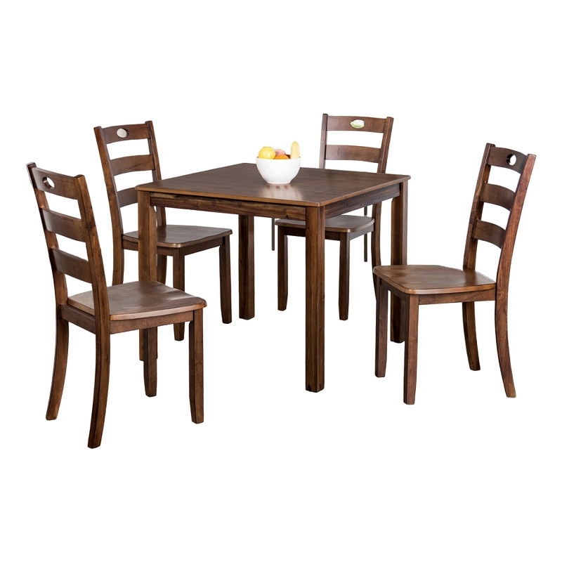 Pemberly Row 5 Piece Rubberwood Dining Set with Slat Back Chairs in Walnut Brown