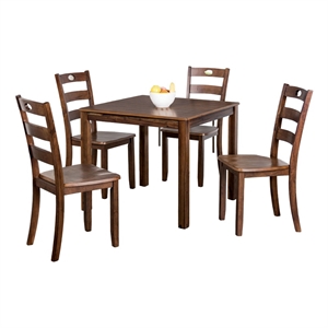Pemberly Row 5 Piece Rubberwood Dining Set with Slat Back Chairs in Walnut Brown