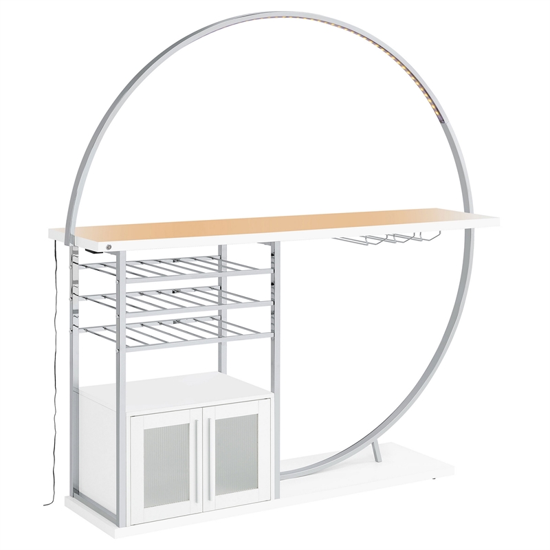 Pemberly Row Home Bar Table with LED Lighting and Wine Storage in White Chrome