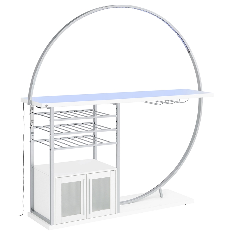 Pemberly Row Home Bar Table with LED Lighting and Wine Storage in White Chrome