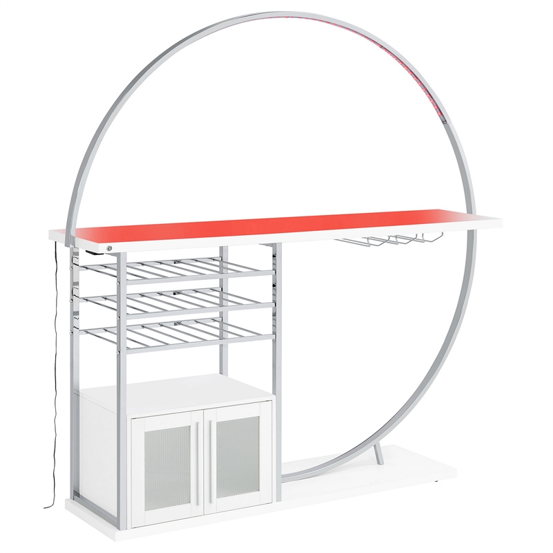 Pemberly Row Home Bar Table with LED Lighting and Wine Storage in White Chrome