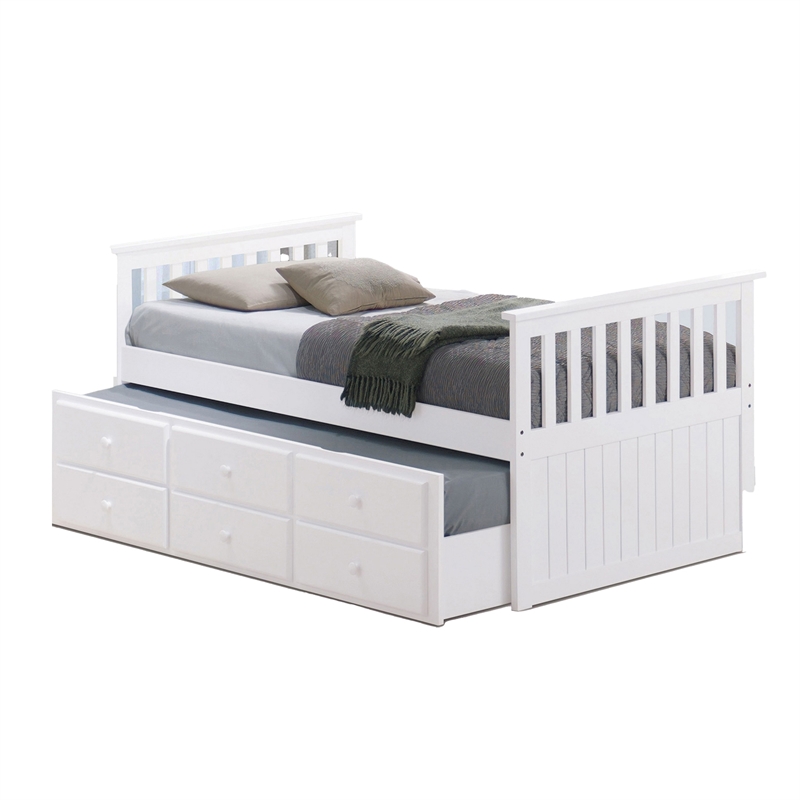 Pemberly Row Twin Captain Bed with Trundle and 3 Drawer Storage in White
