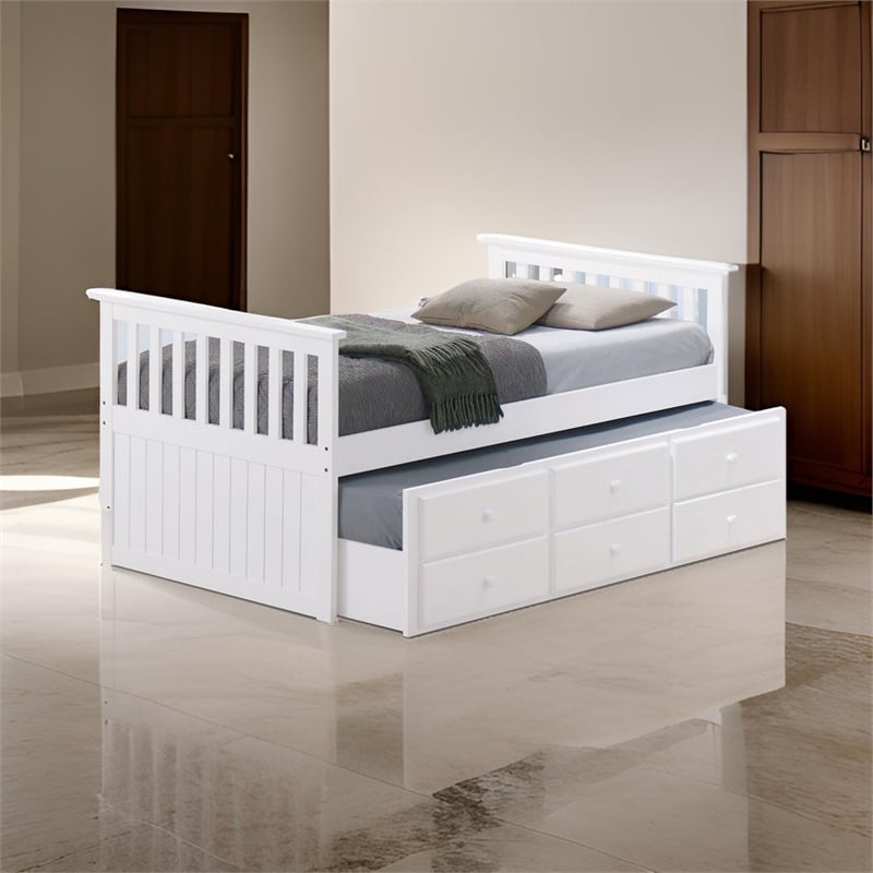 Pemberly Row Twin Captain Bed with Trundle and 3 Drawer Storage in White