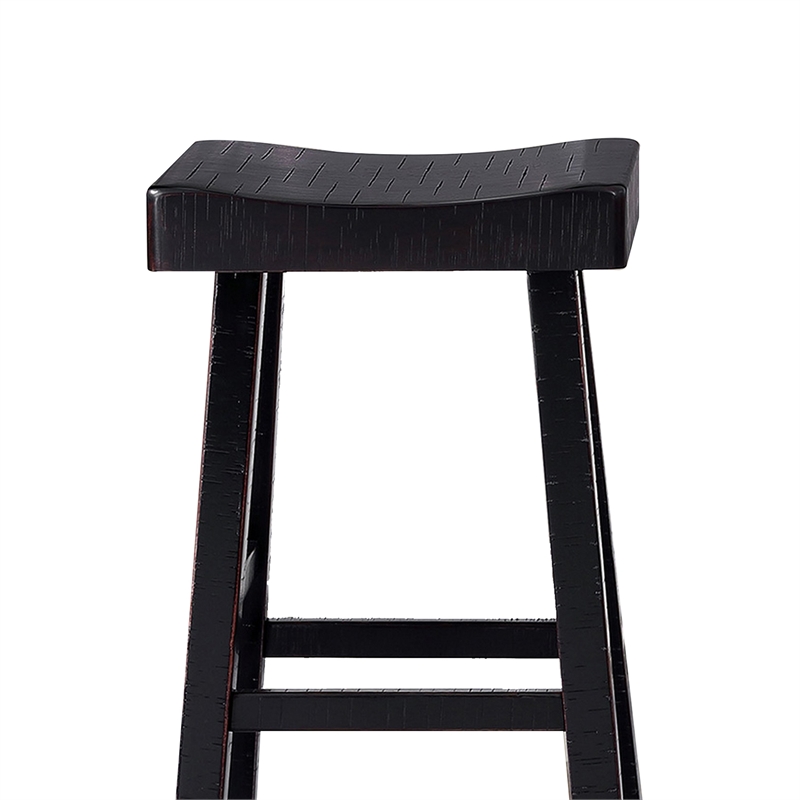 Pemberly Row Barstool Set of 2 with Saddle Seat in Black Solid Wood