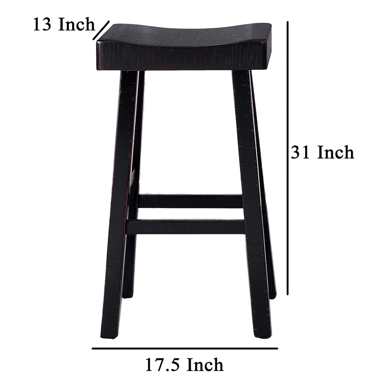Pemberly Row Barstool Set of 2 with Saddle Seat in Black Solid Wood