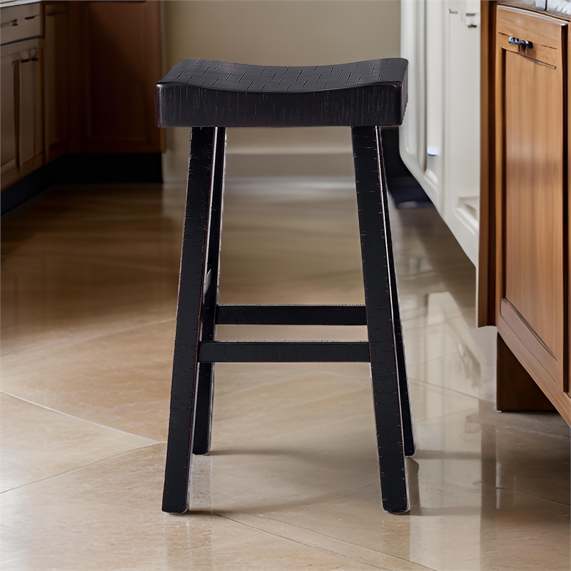 Pemberly Row Barstool Set of 2 with Saddle Seat in Black Solid Wood
