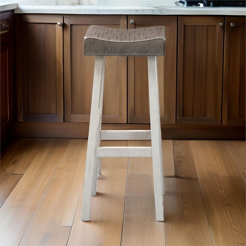 Pemberly Row Barstool Set of 2 with Saddle Seat in Dark Gray and White Wood