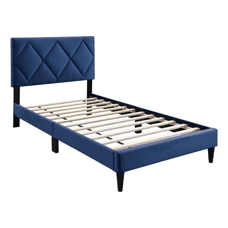 Pemberly Row Full Bed with Tufted Diamond Stitch Headboard in Navy Blue Velvet