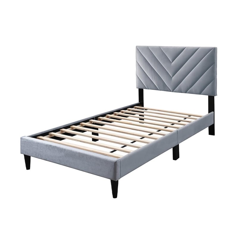 Pemberly Row Twin Size Bed with Tufted Chevron Stitch Headboard in Gray Velvet