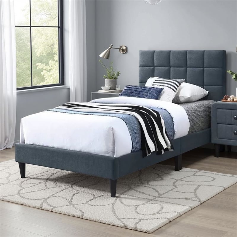 Pemberly Row Twin Bed with Biscuit Tufted Headboard in Charcoal Gray Linen