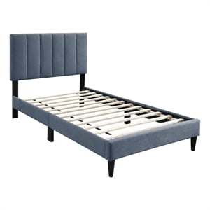 Pemberly Row Twin Bed with Channel Tufted Headboard in Charcoal Gray Linen