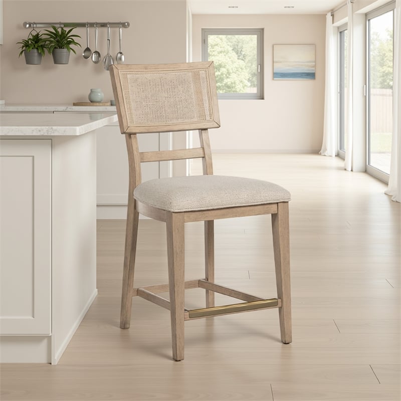 Pemberly Row Set of 2 Counter Height Chairs with Woven Cane Back in Beige Oak