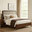 Pemberly Row Queen Bed with Taupe Gray Upholstered Headboard in Walnut Brown