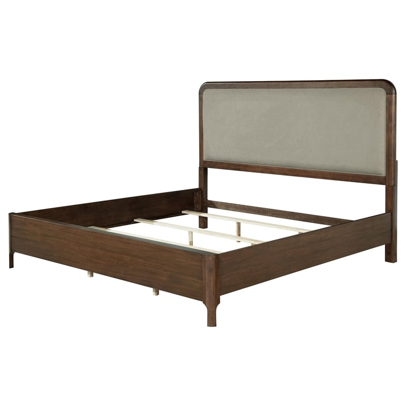 Pemberly Row Queen Bed with Taupe Gray Upholstered Headboard in Walnut Brown