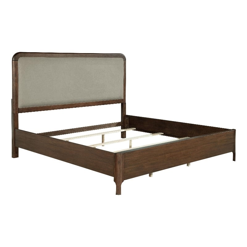Pemberly Row Queen Bed with Taupe Gray Upholstered Headboard in Walnut Brown
