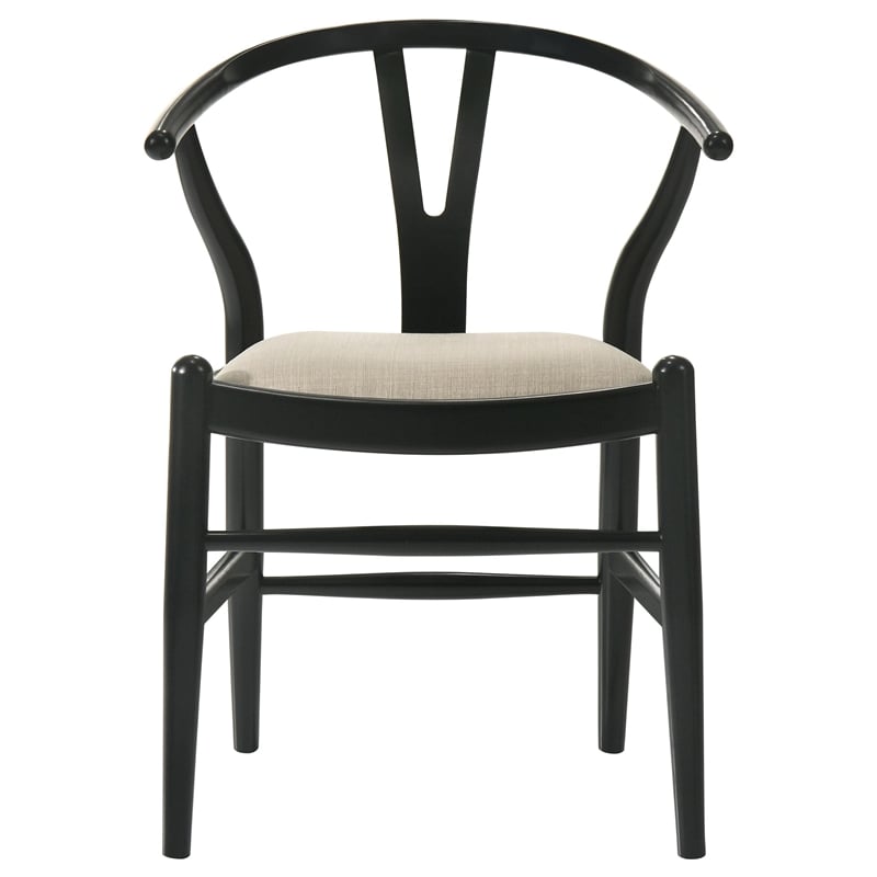 Pemberly Row Set of 2 Wishbone Dining Chairs with Beige Fabric Seat in Black
