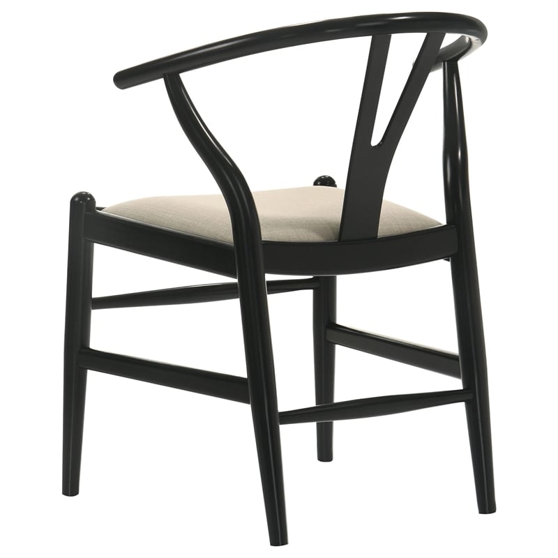 Pemberly Row Set of 2 Wishbone Dining Chairs with Beige Fabric Seat in Black