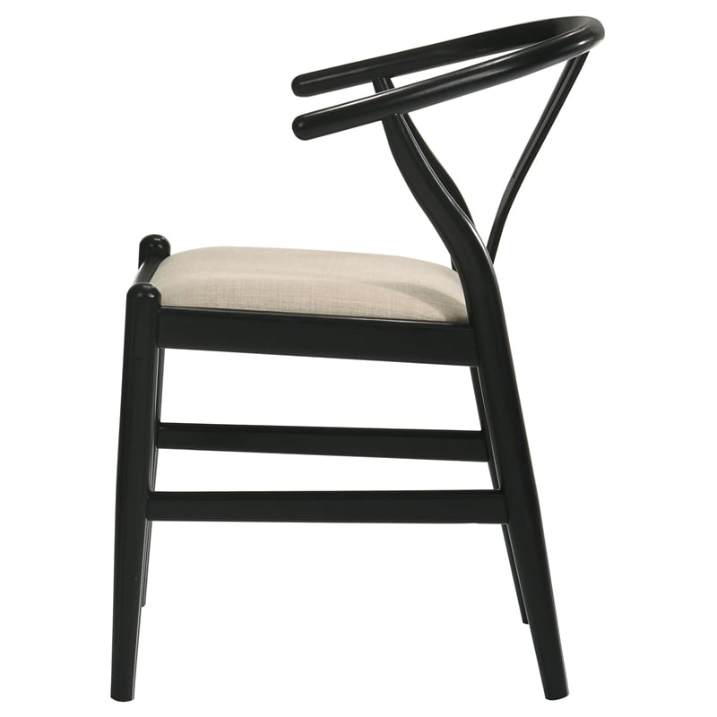 Pemberly Row Set of 2 Wishbone Dining Chairs with Beige Fabric Seat in Black