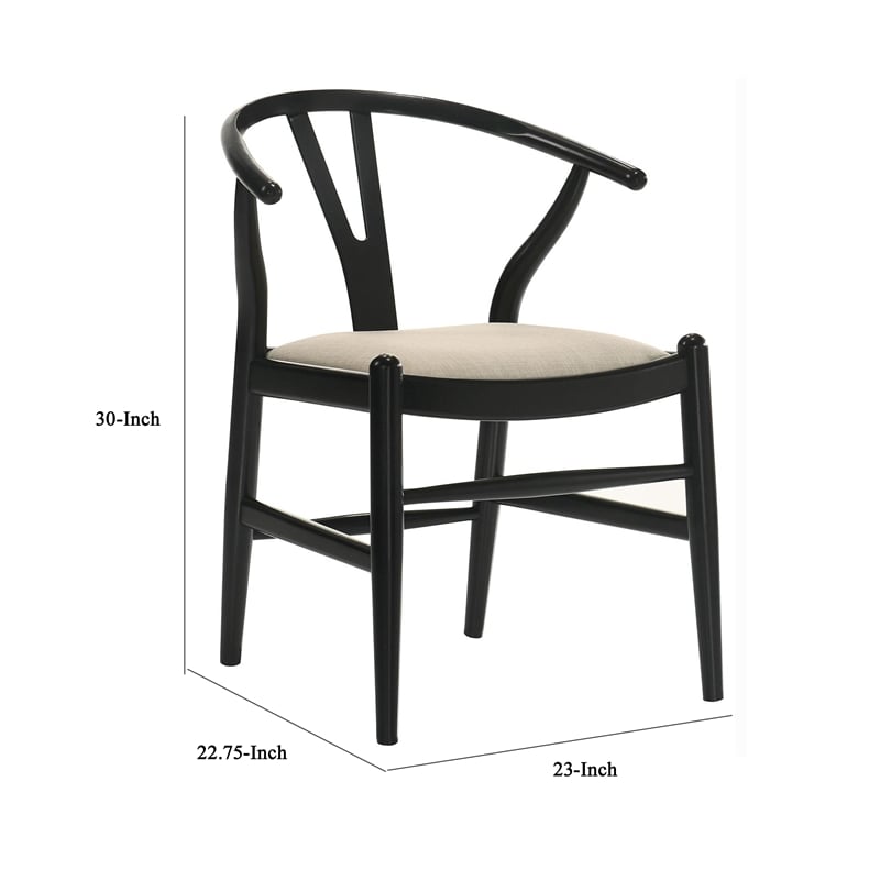 Pemberly Row Set of 2 Wishbone Dining Chairs with Beige Fabric Seat in Black