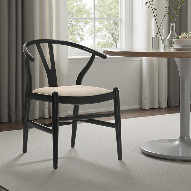 Pemberly Row Set of 2 Wishbone Dining Chairs with Beige Fabric Seat in Black