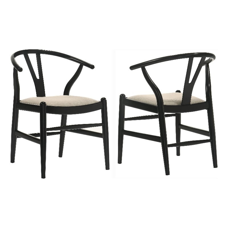 Pemberly Row Set of 2 Wishbone Dining Chairs with Beige Fabric Seat in Black