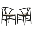 Pemberly Row Set of 2 Wishbone Dining Chairs with Beige Fabric Seat in Black