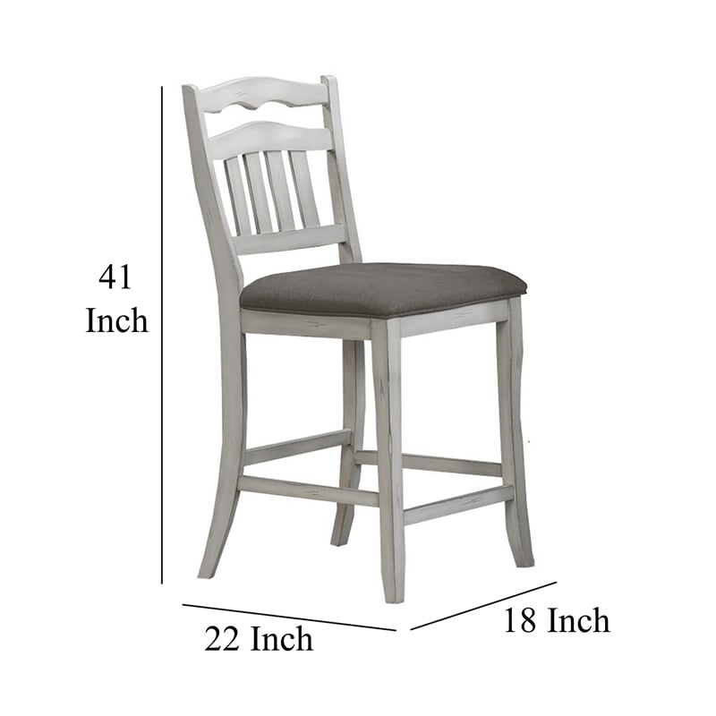 Pemberly Row Set of 2 Ladder Back Counter Chairs w/ Gray Fabric in Antique White