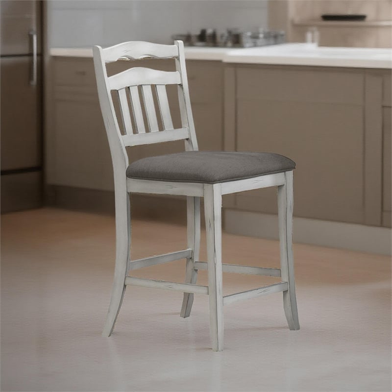Pemberly Row Set of 2 Ladder Back Counter Chairs w/ Gray Fabric in Antique White