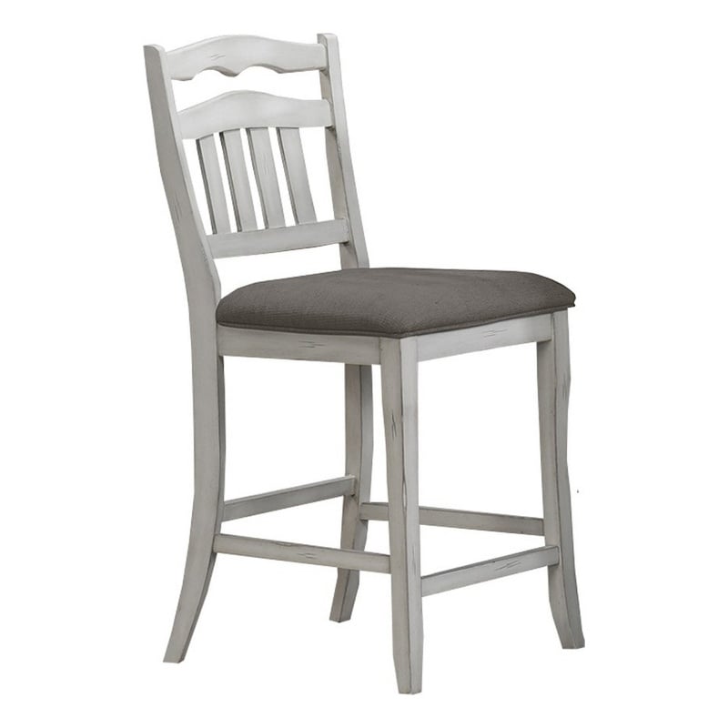 Pemberly Row Set of 2 Ladder Back Counter Chairs w/ Gray Fabric in Antique White