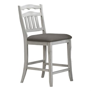Pemberly Row Set of 2 Ladder Back Counter Chairs w/ Gray Fabric in Antique White