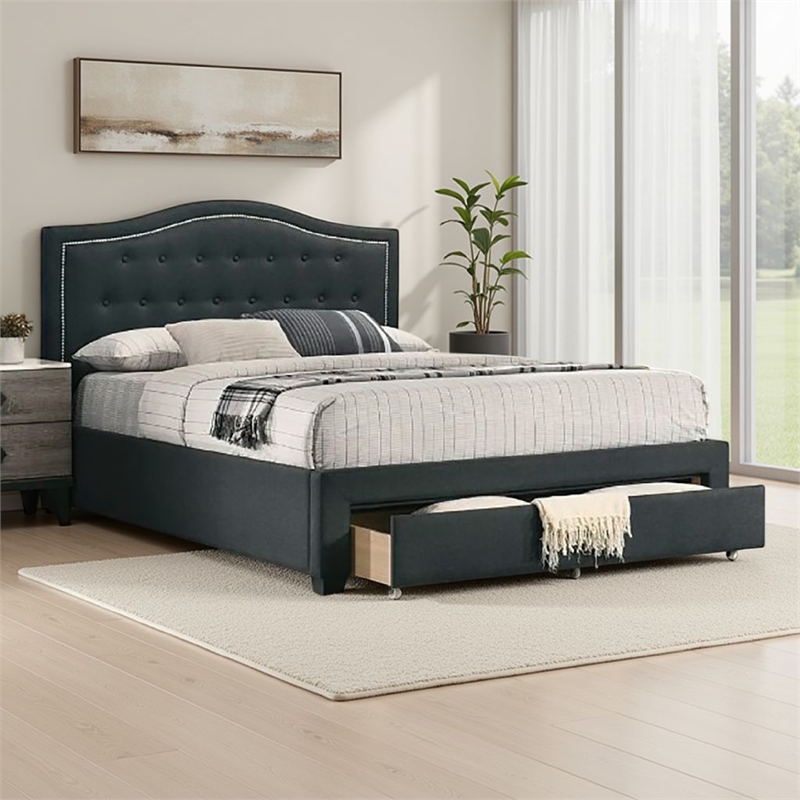 Pemberly Row Full Bed with Storage Drawers & Tufted Nailhead Headboard in Gray