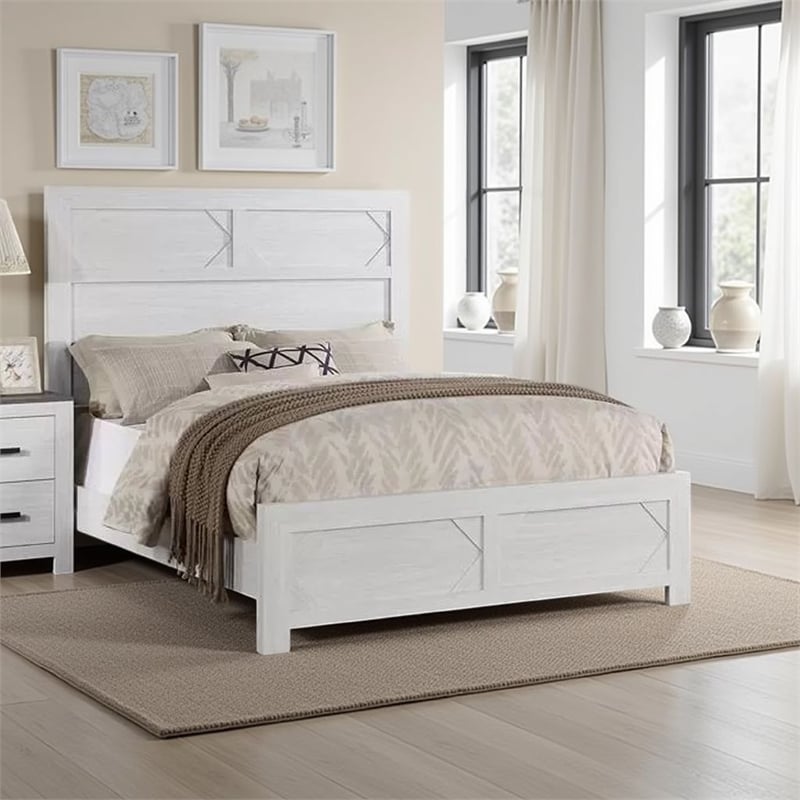 Pemberly Row Queen Bed with Carved High Headboard and Low Footboard in Whitewash